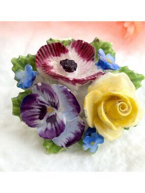 English Made Domed Triple Blooming Floral Enamel XL 80's Vintage Jewelry Brooch